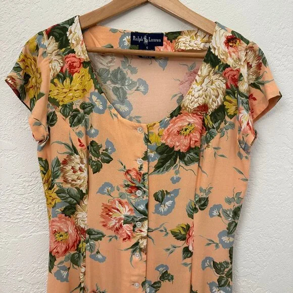 Vintage Ralph Lauren Peach Floral Button Front Maxi Dress 90s Y2K - Picture 2 of 7